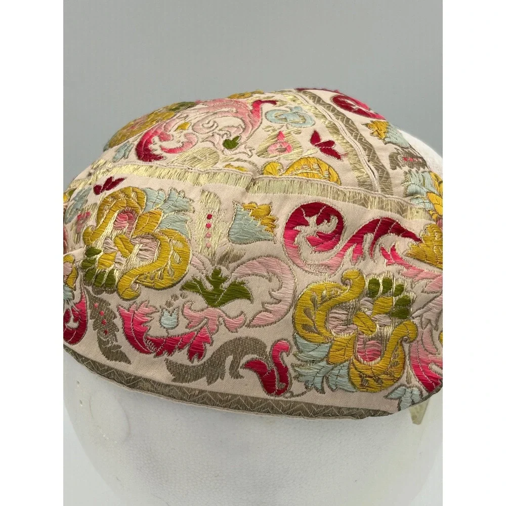 Vintage Jo Bailey Hats Embroidered Floral Pillbox Fascinator Gold Metallic Pink